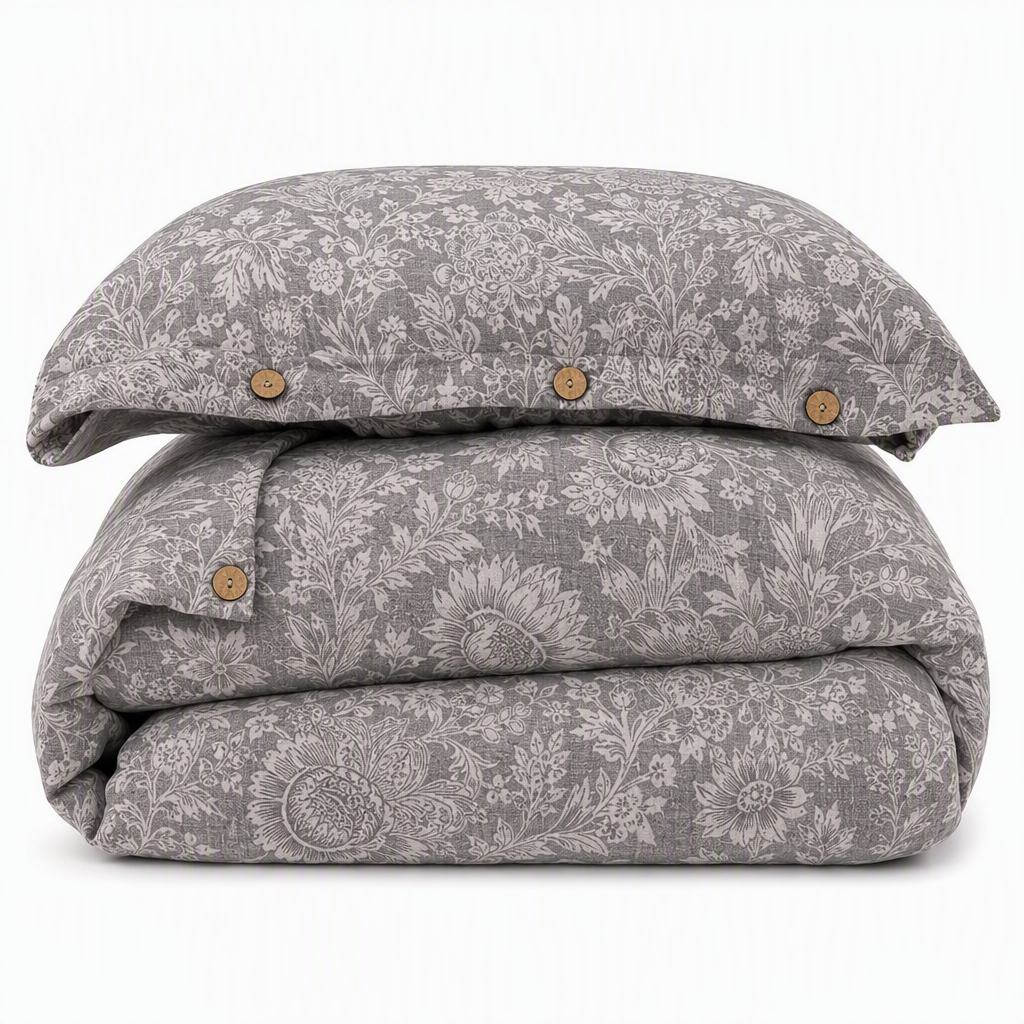 Parure de Lit en Pur Coton Texture Lin avec Boutons Rétro, Housse de Couette et Drap Épais