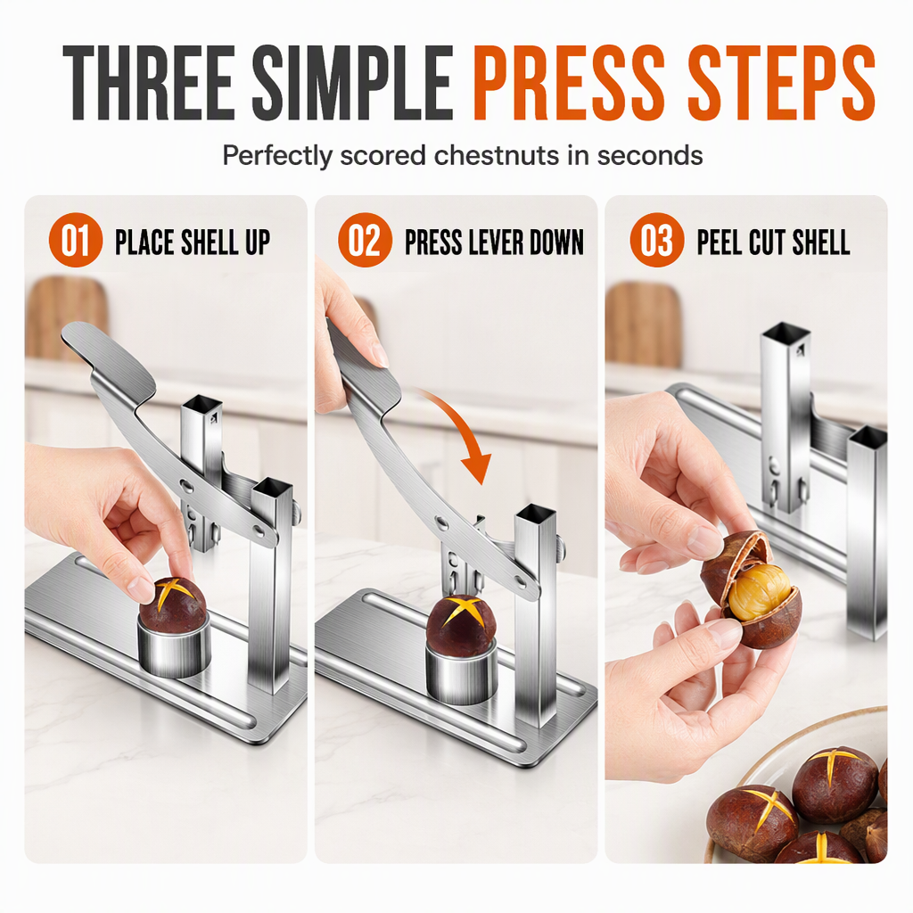 📢 50% de Réduction – Casse-Noix et Inciseur de Châtaignes en Inox, Levier Ergonomique et Base Stable, Ouverture en Croix Facile