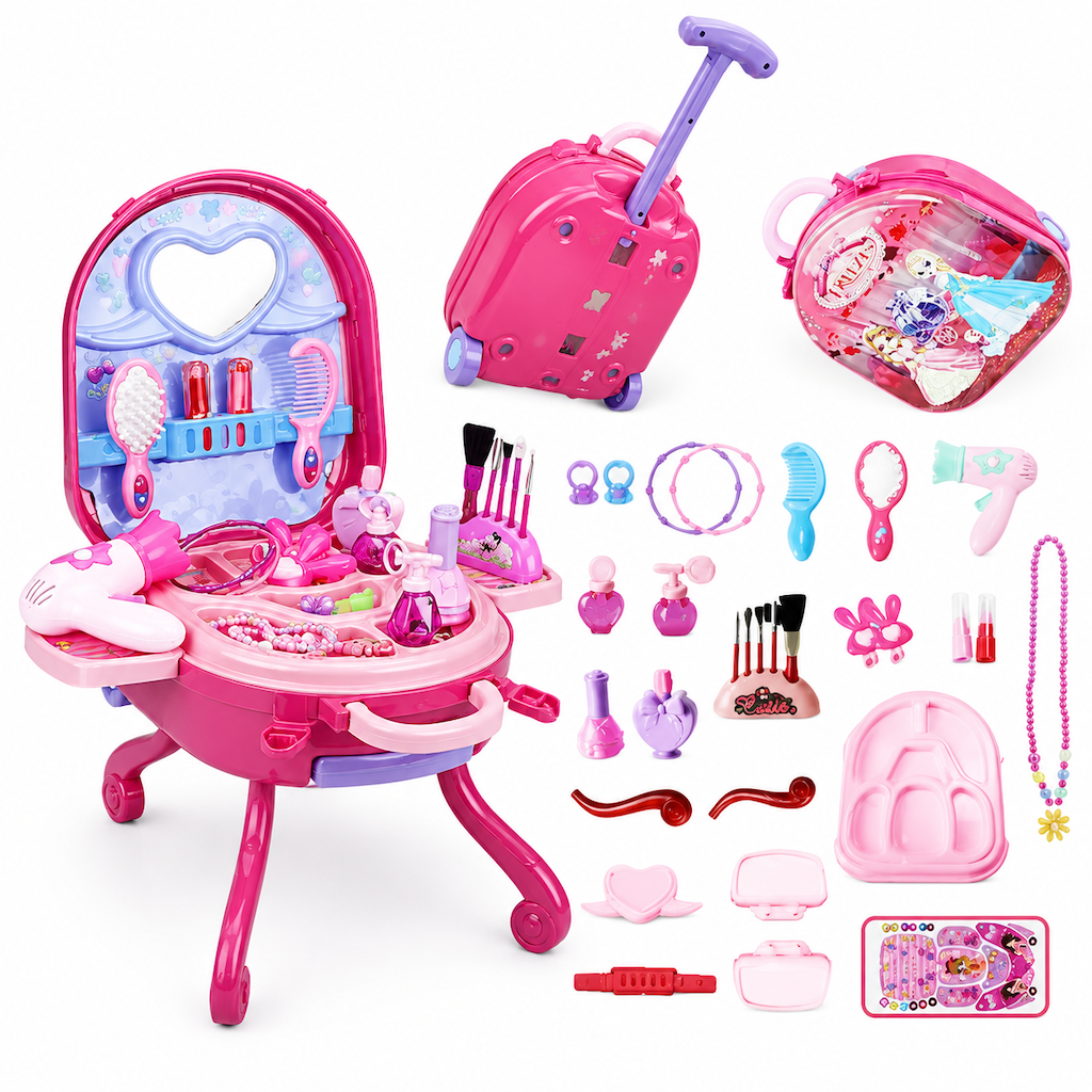 📢📢53% de Réduction – Valise Coiffeuse de Maquillage Factice pour Enfants, Coffret de Jeu d'Imitation 3 en 1 Portable pour Filles
