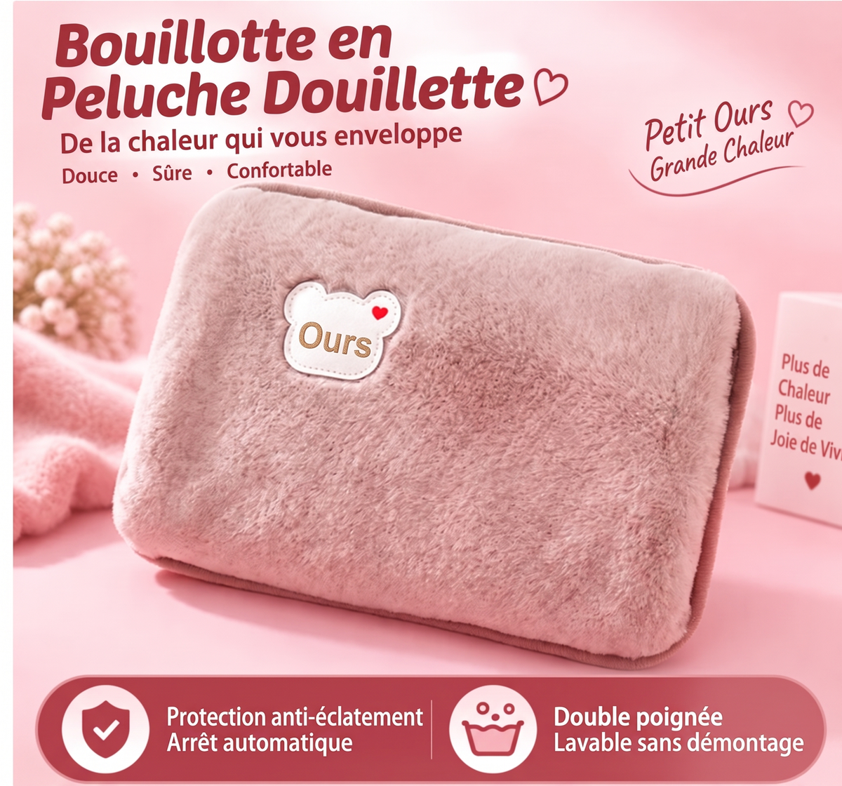 📢 45% de Réduction – Bouillotte Électrique Rechargeable avec Housse Douce, Chauffage Rapide et Arrêt Automatique