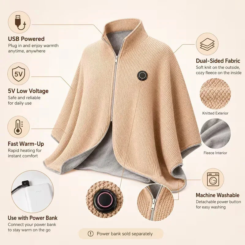 📢 50% de Réduction – Châle Plaid Chauffant Électrique USB en Polaire Douce, Couverture Poncho Chauffante Lavable 3 Niveaux