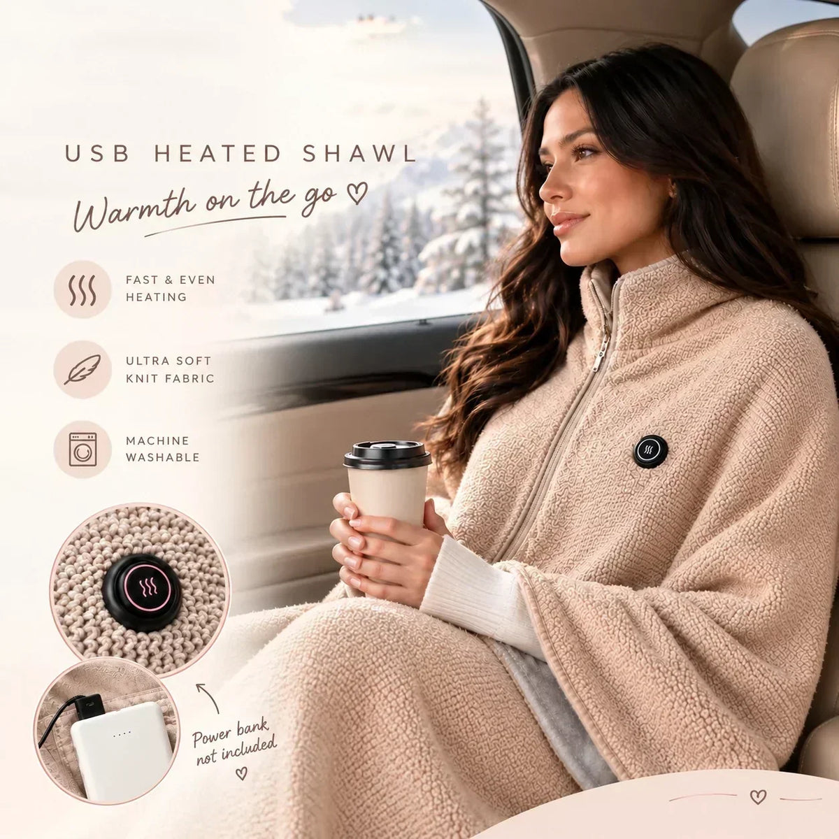 📢 50% de Réduction – Châle Plaid Chauffant Électrique USB en Polaire Douce, Couverture Poncho Chauffante Lavable 3 Niveaux