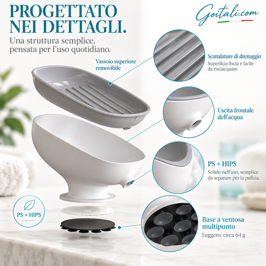 Porte-Savon Auto-Drainant Incliné – Pente 20°, Double Couche Amovible, Ventouse Multi-Points