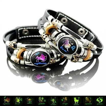 Bracelet Signe du Zodiaque en Cuir Phosphorescent – Unisexe & Ajustable