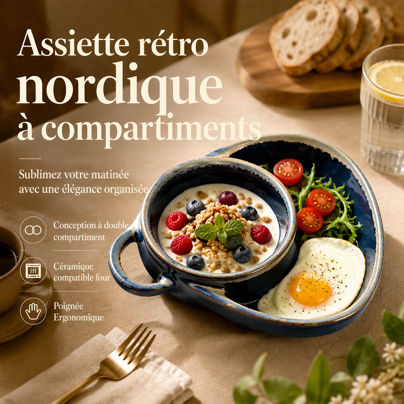 📢 63% de Réduction – Plat à Four Rétro en Céramique Compartimenté avec Poignée pour Cuisson au Four, Apéritif et Sauces
