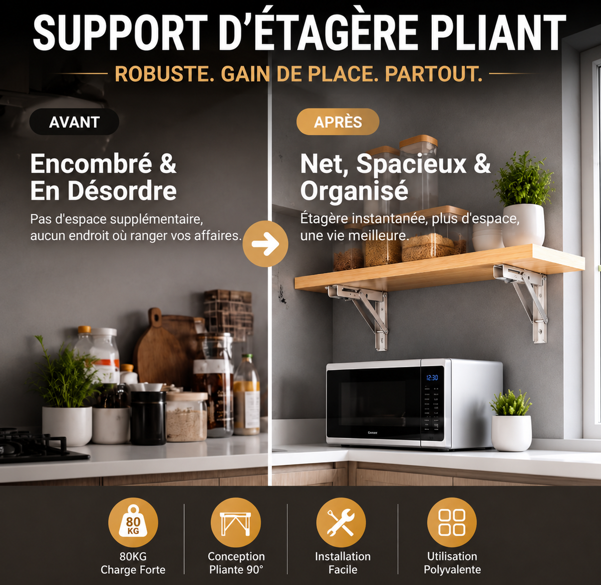 📢 50% de Réduction – Supports d'Étagère Pliants Rétractables en Acier Inoxydable Robuste 250 kg pour Cuisine, Garage et Bureau