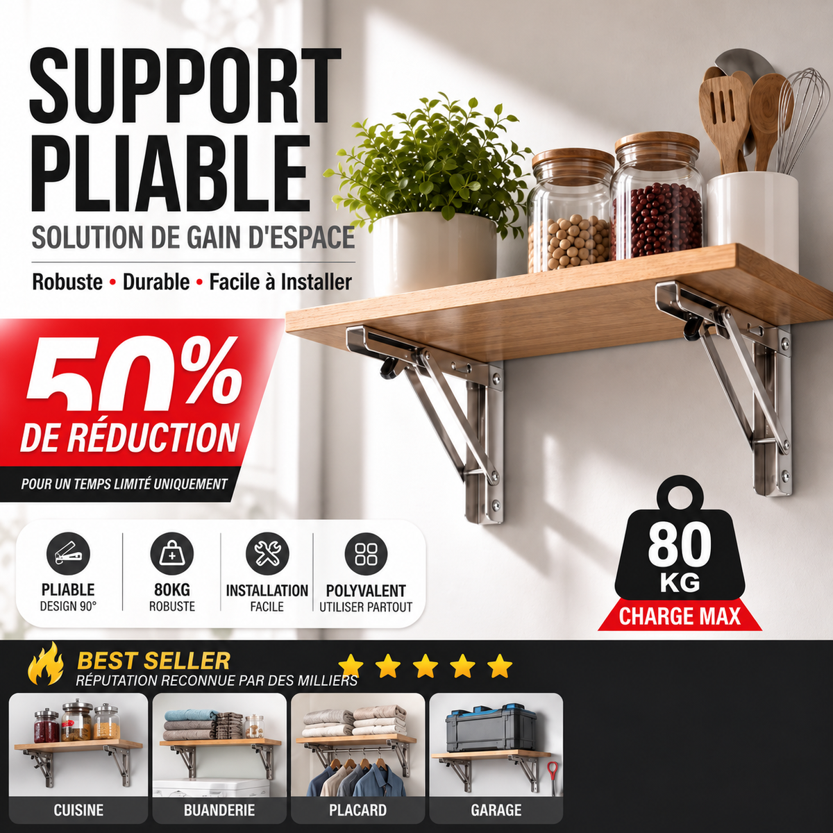 📢 50% de Réduction – Supports d'Étagère Pliants Rétractables en Acier Inoxydable Robuste 250 kg pour Cuisine, Garage et Bureau