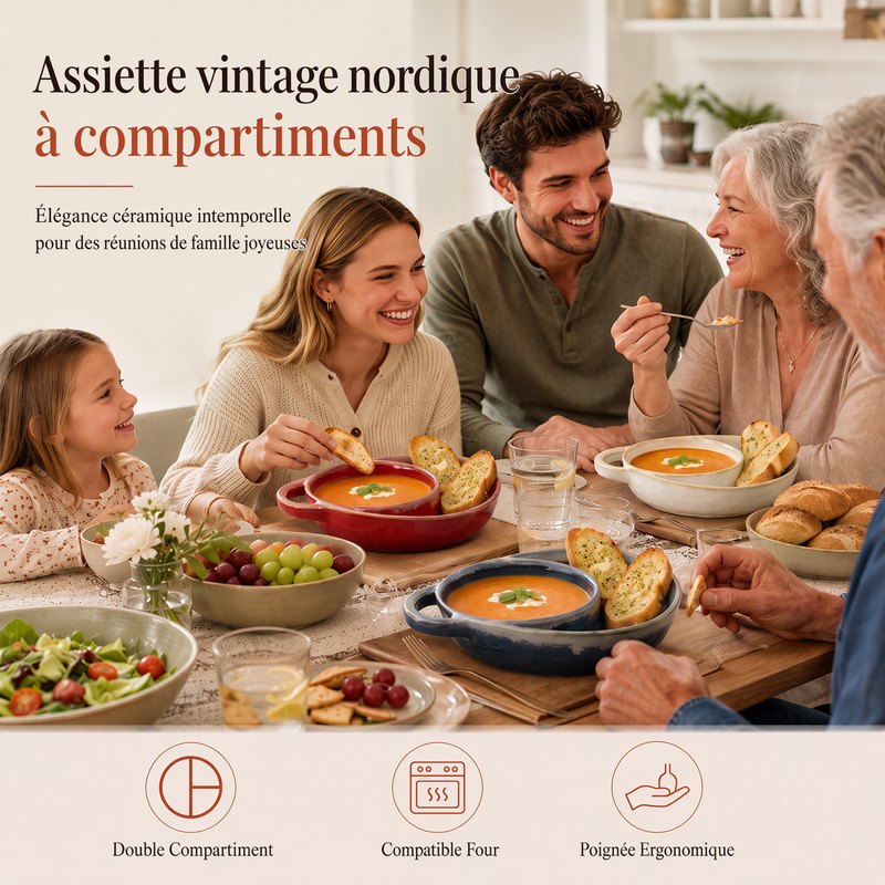 📢 63% de Réduction – Plat à Four Rétro en Céramique Compartimenté avec Poignée pour Cuisson au Four, Apéritif et Sauces