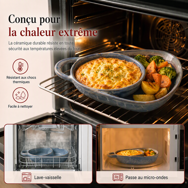 📢 63% de Réduction – Plat à Four Rétro en Céramique Compartimenté avec Poignée pour Cuisson au Four, Apéritif et Sauces