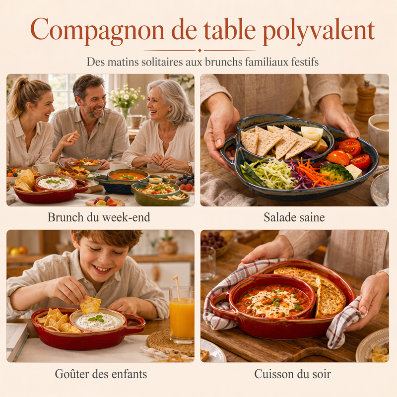 📢 63% de Réduction – Plat à Four Rétro en Céramique Compartimenté avec Poignée pour Cuisson au Four, Apéritif et Sauces