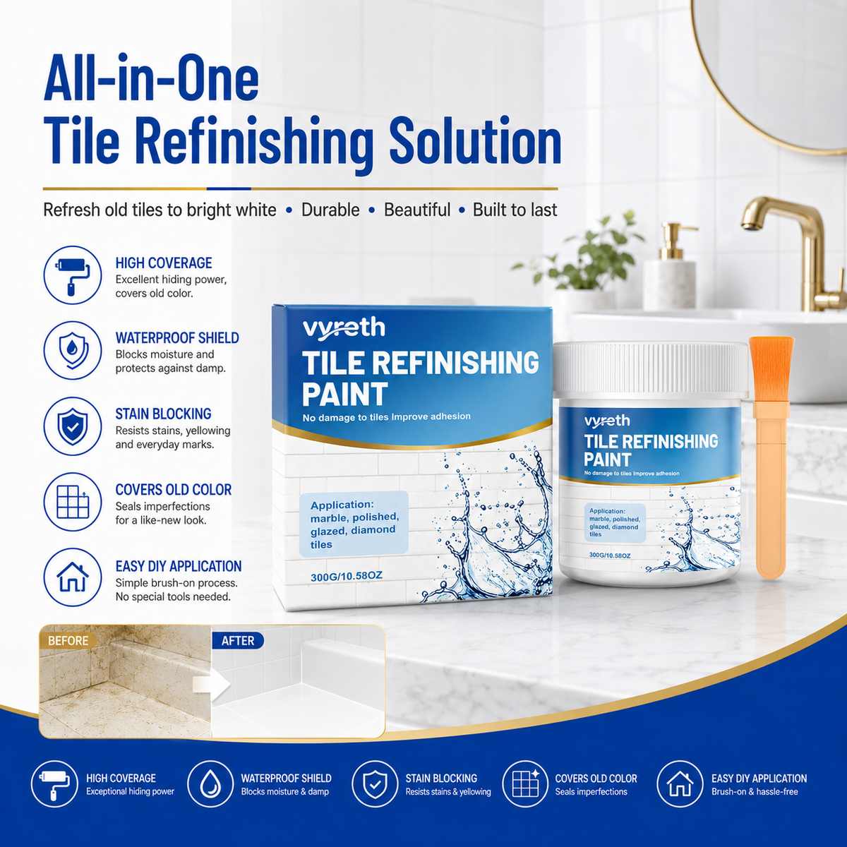 50% de Réduction – Peinture Rénovation Carrelage Haute Opacité Imperméable Anti-Taches pour Faïence Salle de Bain et Cuisine