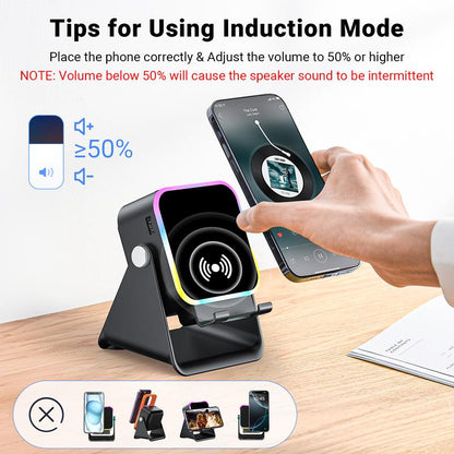 🔊VENTE LIMITÉE 50 % DE RÉDUCTION🎵 Enceinte 5-en-1 avec support téléphone – Son par induction, recharge et lumière d’ambiance, tout en un !