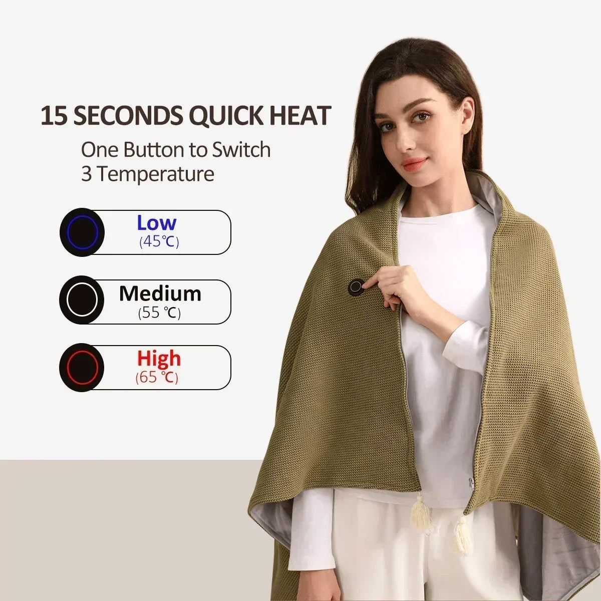 📢 50% de Réduction – Châle Plaid Chauffant Électrique USB en Polaire Douce, Couverture Poncho Chauffante Lavable 3 Niveaux