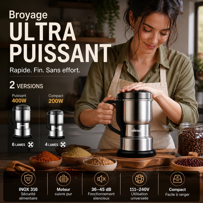 Mini Moulin Broyeur Électrique – Inox 316, Moteur Cuivre 400W Silencieux