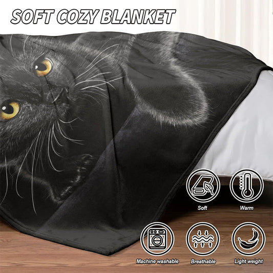 🐱 Couverture Douillette Motif Chat Noir – Polyester Doux, 4 Tailles, Toutes Saisons
