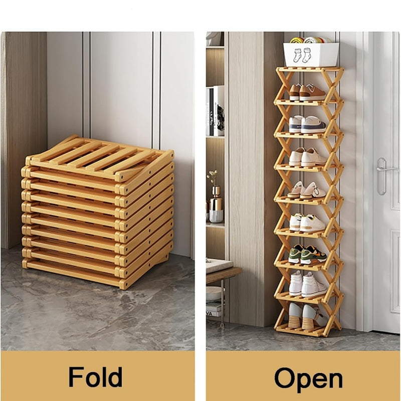 📢 50% de Réduction – Étagère à Chaussures Pliable en Bambou Naturel, Meuble de Rangement Entrée et Dressing Sans Montage