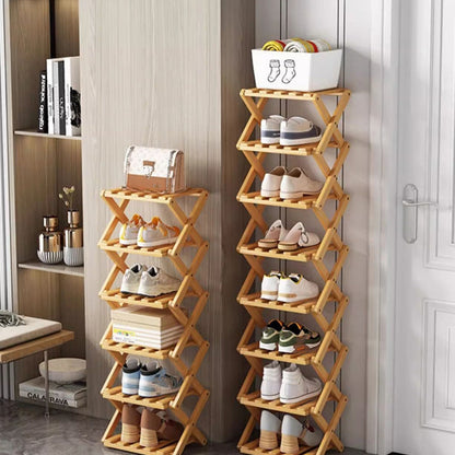 📢 50% de Réduction – Étagère à Chaussures Pliable en Bambou Naturel, Meuble de Rangement Entrée et Dressing Sans Montage