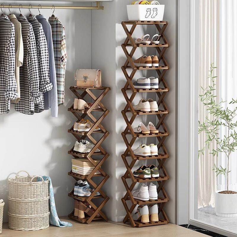 📢 50% de Réduction – Étagère à Chaussures Pliable en Bambou Naturel, Meuble de Rangement Entrée et Dressing Sans Montage