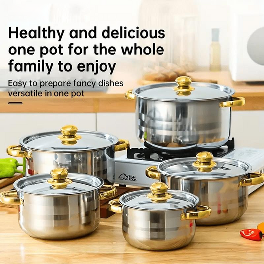 🍳 50% DE RÉDUCTION! 🔥 Ensemble Cuisine 5 Pièces – Acier Épais, Couvercles Verre & Finition Dorée, Compatible Tous Feux pour une Cuisine Élégante ✨