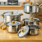 🍳 50% DE RÉDUCTION! 🔥 Ensemble Cuisine 5 Pièces – Acier Épais, Couvercles Verre & Finition Dorée, Compatible Tous Feux pour une Cuisine Élégante ✨