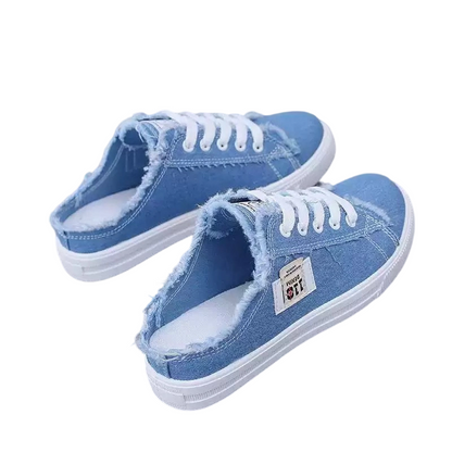 👟 LIMITED-TIME 60% RABATT! ✨ Damen Denim Mule Sneakers – Ausgefranst, Rückenfrei, Flache Sohle 🍂