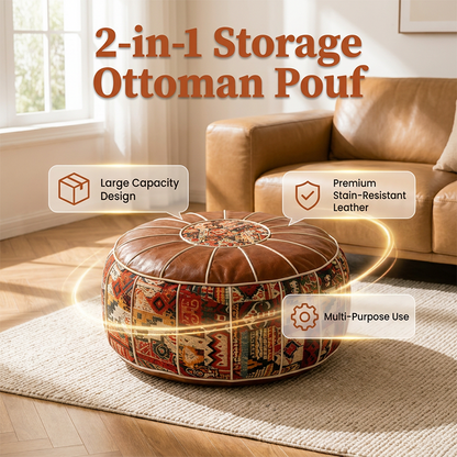 Pouf Ottoman de Rangement 2-en-1 – Similicuir, Design Bohème, Multifonctionnel