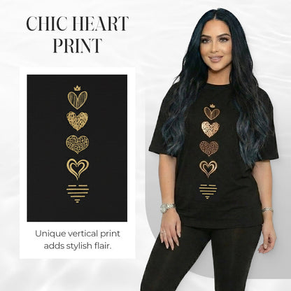 ❤️ T-Shirt Femme Manches Courtes Imprimé Cœurs | Coupe Décontractée & Confortable 💕
