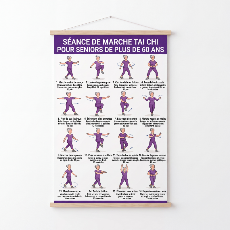 🧘☯️ -60% ! 📜Affiche d'Exercices de Tai Chi pour Seniors – 16 Mouvements Illustrés, Version Marche ou Chaise.