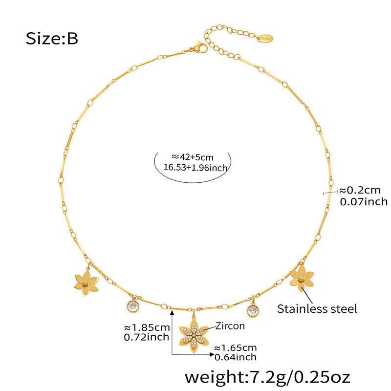 Collier & Bracelet Pendentif Fleur en Acier Inoxydable – Finition Dorée & Zirconium