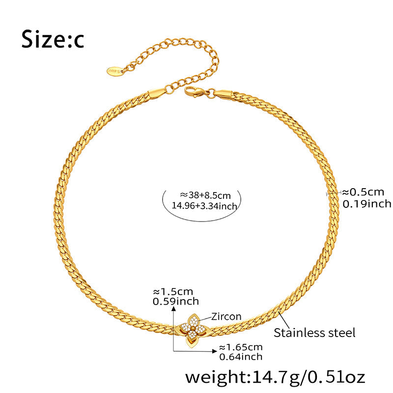 Collier & Bracelet Pendentif Fleur en Acier Inoxydable – Finition Dorée & Zirconium