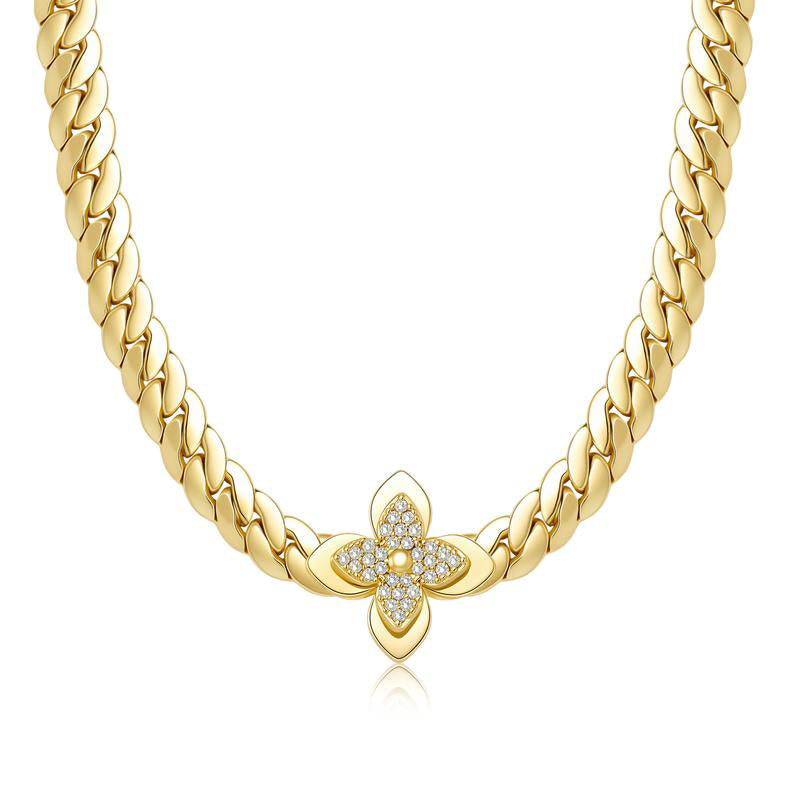 Collier & Bracelet Pendentif Fleur en Acier Inoxydable – Finition Dorée & Zirconium