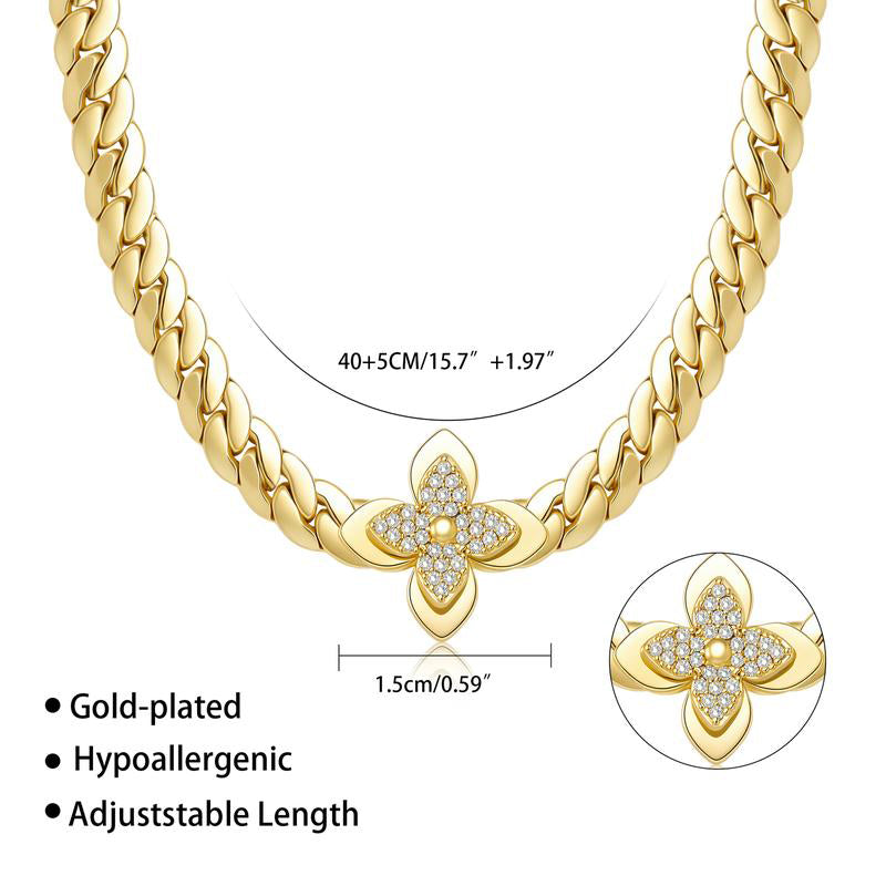 Collier & Bracelet Pendentif Fleur en Acier Inoxydable – Finition Dorée & Zirconium