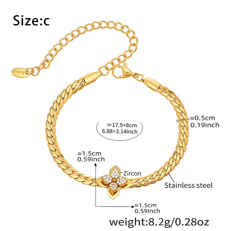 Collier & Bracelet Pendentif Fleur en Acier Inoxydable – Finition Dorée & Zirconium