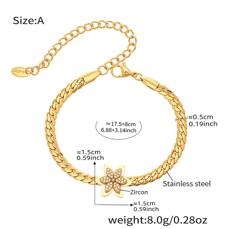 Collier & Bracelet Pendentif Fleur en Acier Inoxydable – Finition Dorée & Zirconium