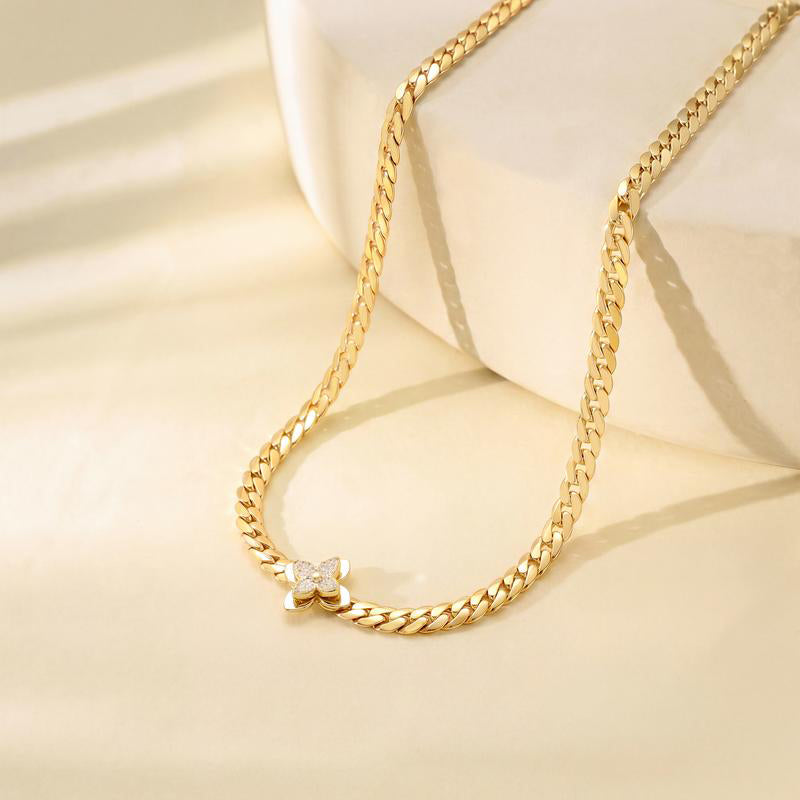 Collier & Bracelet Pendentif Fleur en Acier Inoxydable – Finition Dorée & Zirconium