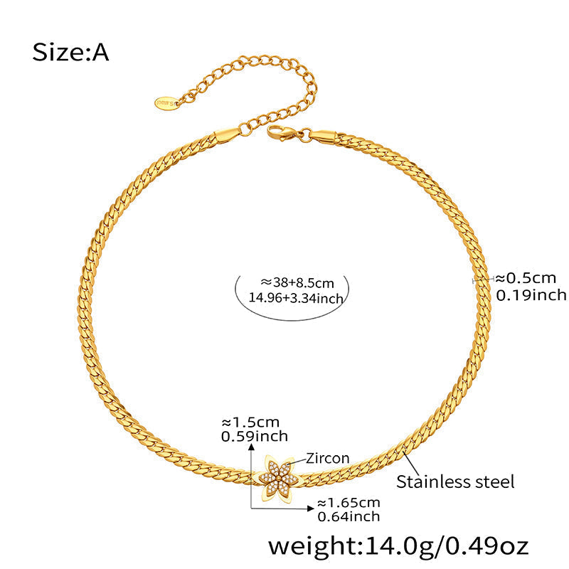 Collier & Bracelet Pendentif Fleur en Acier Inoxydable – Finition Dorée & Zirconium