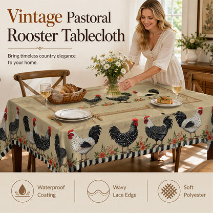 🐓 PROMO FLASH : 50% DE RÉDUCTION ! 🌿 Nappe Rustique Vintage à Motif Coq – Imperméable & Anti-Taches – Polyester Haute Densité – Bordures Dentelle Festonnée – Charme Pastoral Authentique 🏡