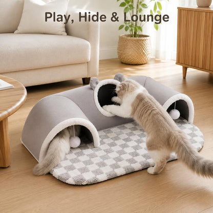 🐱 PROMO FLASH : 50% DE RÉDUCTION ! 🕳️ Tunnel & Lit 3-en-1 en Peluche pour Chat – Tapis Carreaux & Pompons Interactifs – Fermeture Éclair for Jeu & Sieste 🔮