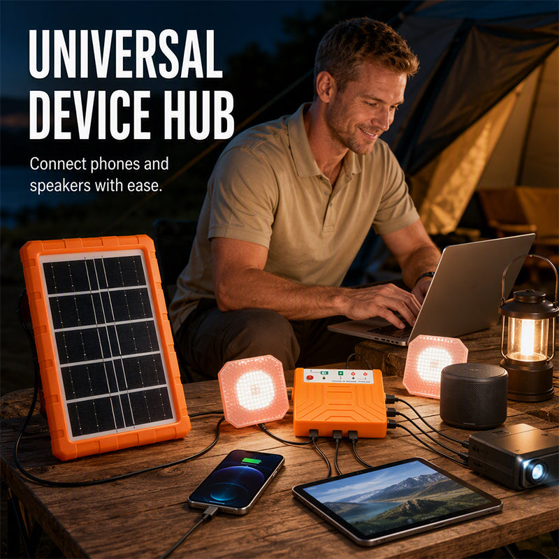 Kit d'Éclairage Solaire Portable pour Camping – Panneau Solaire, Chargeur USB & 2 Lampes LED