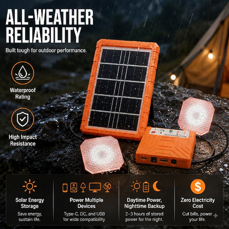 Kit d'Éclairage Solaire Portable pour Camping – Panneau Solaire, Chargeur USB & 2 Lampes LED