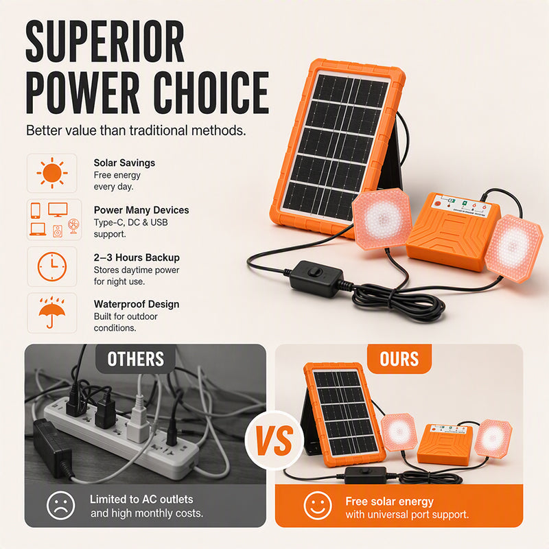Kit d'Éclairage Solaire Portable pour Camping – Panneau Solaire, Chargeur USB & 2 Lampes LED