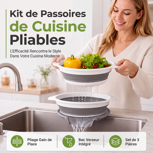 📢 50% de Réduction – Lot de 3 Passoires Pliables avec Base d'Égouttage, Égouttoir Cuisine Gain de Place pour Fruits et Pâtes