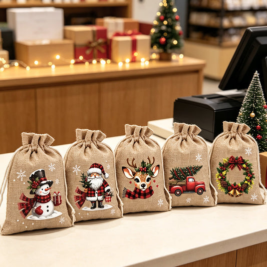 🎅🎁 -50% ! 🎄Sacs Cadeaux de Noël à Cordon – Imprimés Festifs & Tissu Durable pour Emballage Chic et Réutilisable.