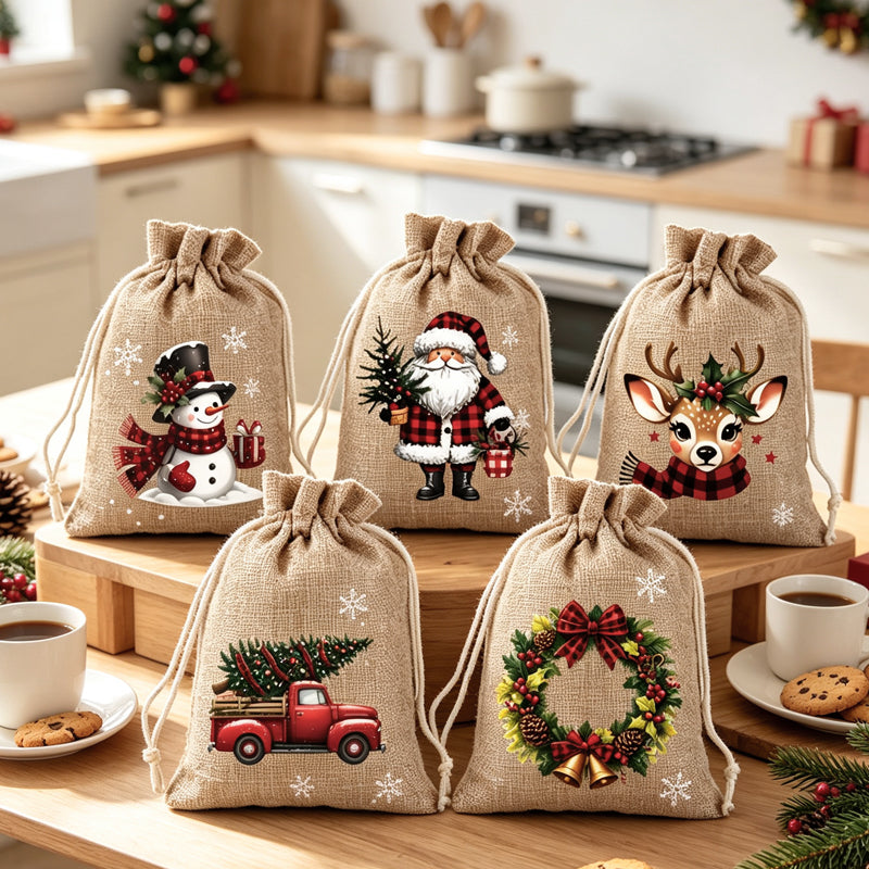 🎅🎁 -50% ! 🎄Sacs Cadeaux de Noël à Cordon – Imprimés Festifs & Tissu Durable pour Emballage Chic et Réutilisable.