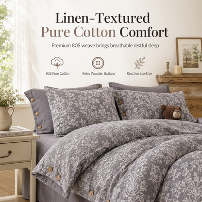 Parure de Lit en Pur Coton Texture Lin avec Boutons Rétro, Housse de Couette et Drap Épais