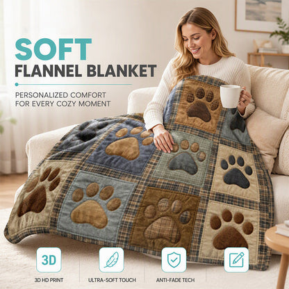 🐾 Couverture Douce en Flanelle – Motif Empreinte de Patte, 7 Tailles, Kaki ou Bleu