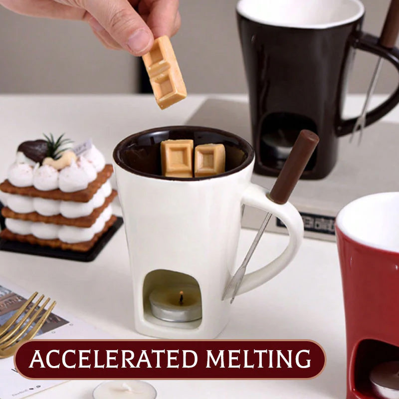 📢 50% de Réduction – Tasse à Fondue au Chocolat en Céramique avec Chauffe-Plat à Bougie, Set 200 ml avec Fourchette