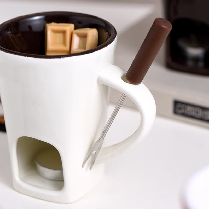 📢 50% de Réduction – Tasse à Fondue au Chocolat en Céramique avec Chauffe-Plat à Bougie, Set 200 ml avec Fourchette