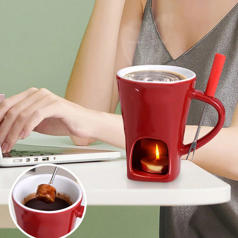 📢 50% de Réduction – Tasse à Fondue au Chocolat en Céramique avec Chauffe-Plat à Bougie, Set 200 ml avec Fourchette
