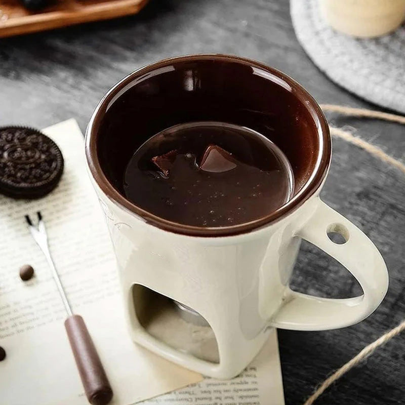 📢 50% de Réduction – Tasse à Fondue au Chocolat en Céramique avec Chauffe-Plat à Bougie, Set 200 ml avec Fourchette